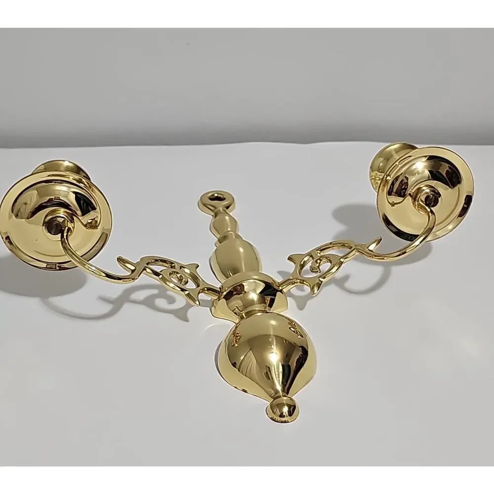 Solid Polished Brass Double Arm Wall Hanging Sconce Candle Holder Vintage